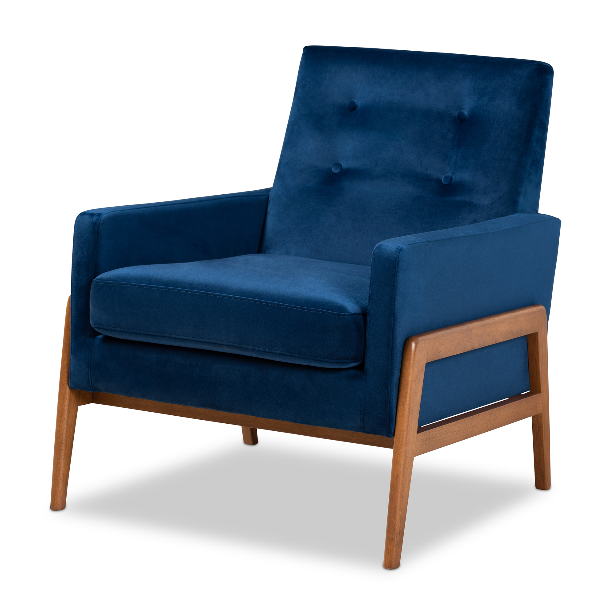 Baxton Studio Perris Mid-Century Modern Navy Blue Velvet Fabric Upholstered and Walnut Brown Finished Wood Lounge Chair